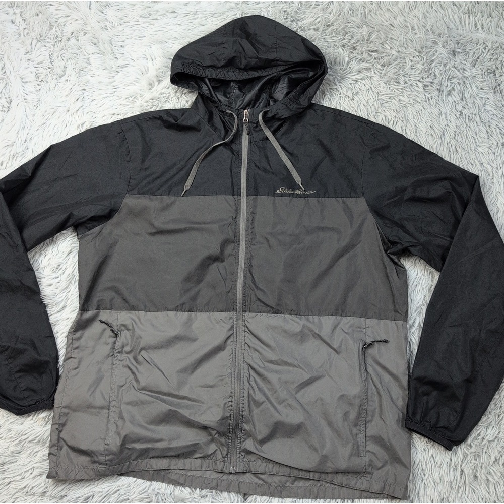 Eddie Bauer Jacket Mens L Black Gray Windbreaker Coat Zip Up Pockets Hoodie